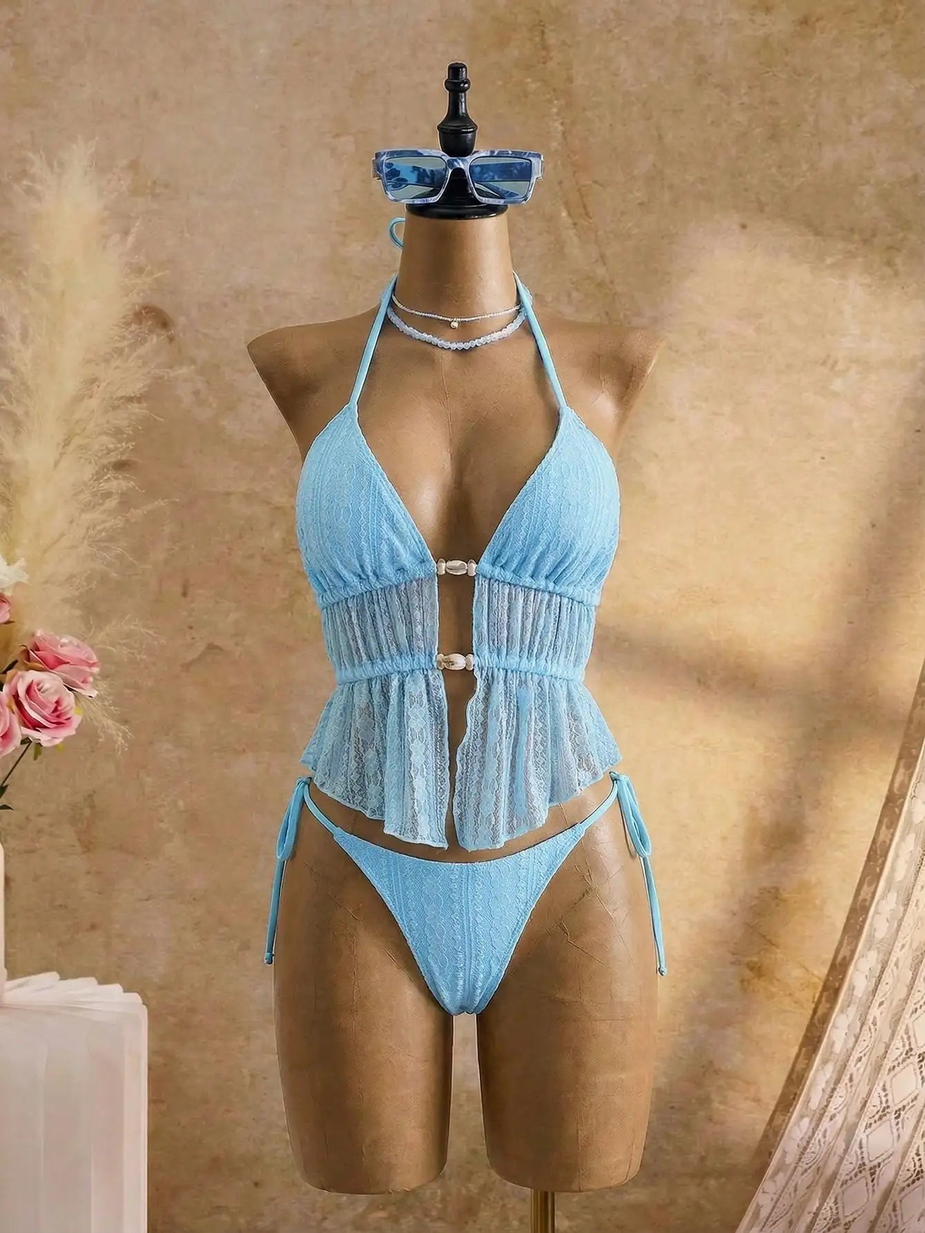 Cream Lace Halter Neck Tankini Set With Beaded Detail And Tie Side Bottoms Aurexia off