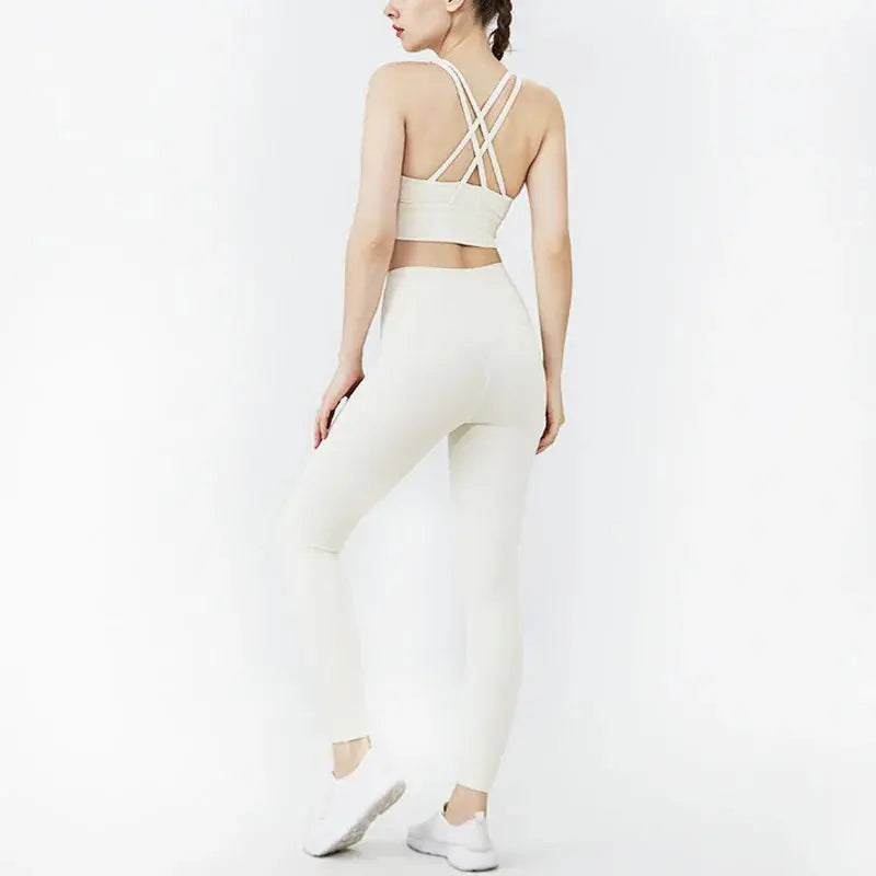 Classic women's yoga suit 2 piece set cross sling bra vest, butter touch stretch leggings gym workout dance sports suit Aurexia off