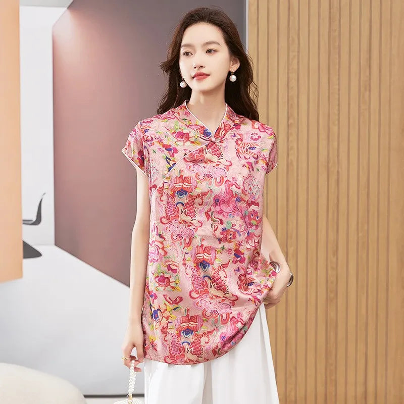 Women's Blouse Short Sleeve Round Neck Top Mandarin Collar Tunic Geometric Print Loose Fit Mid Length Gold Brown Shirt Aurexia off