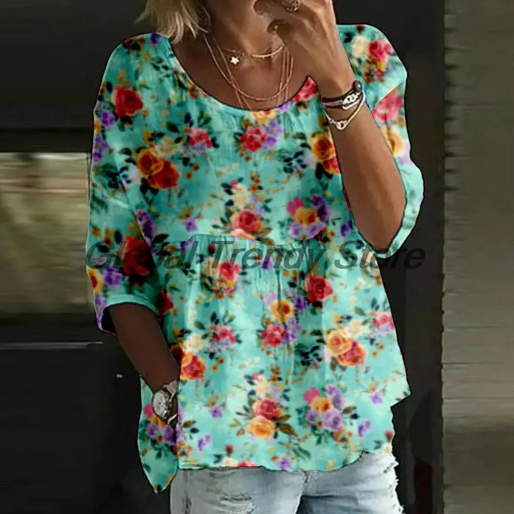 Women's Casual Floral Print 3/4 Sleeve Blouse Loose Fit Crew Neck Tunic Tops Lady's Top Shirts Aurexia off
