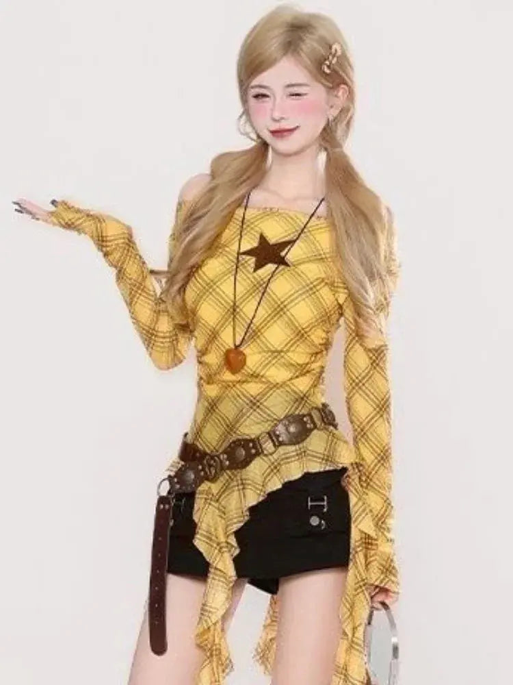 Y2K Plaid Slash Neck Vintage T-Shirt for Women, Grunge Ruffled Bodycon Top, Sexy Fairy Aesthetic Aurexia off
