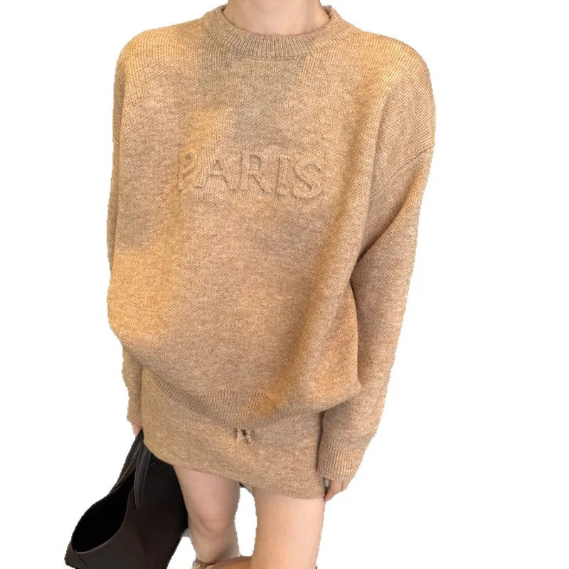 Casual Two-Piece Set Letter Embossed Pullover Outfit Long Sleeve Knit Skirt Set Mini Bodycon Wool Co-Ord For Women Cozy Warm Aurexia off