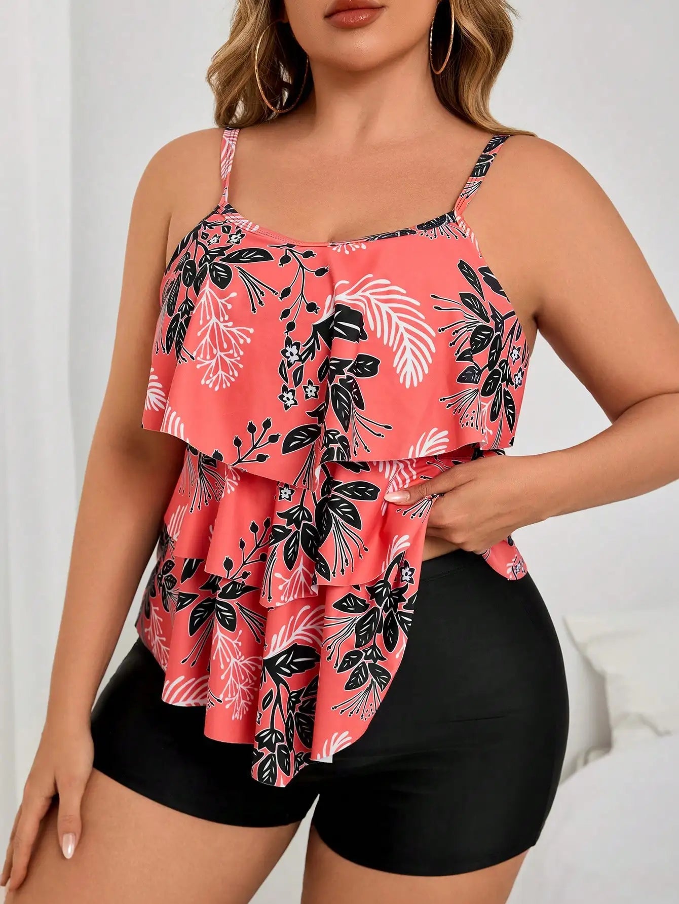 Coral Floral Print Ruffle Layered Crop Top With Solid Black Boyshorts Two Piece Plus Size Swimwear Set Aurexia off