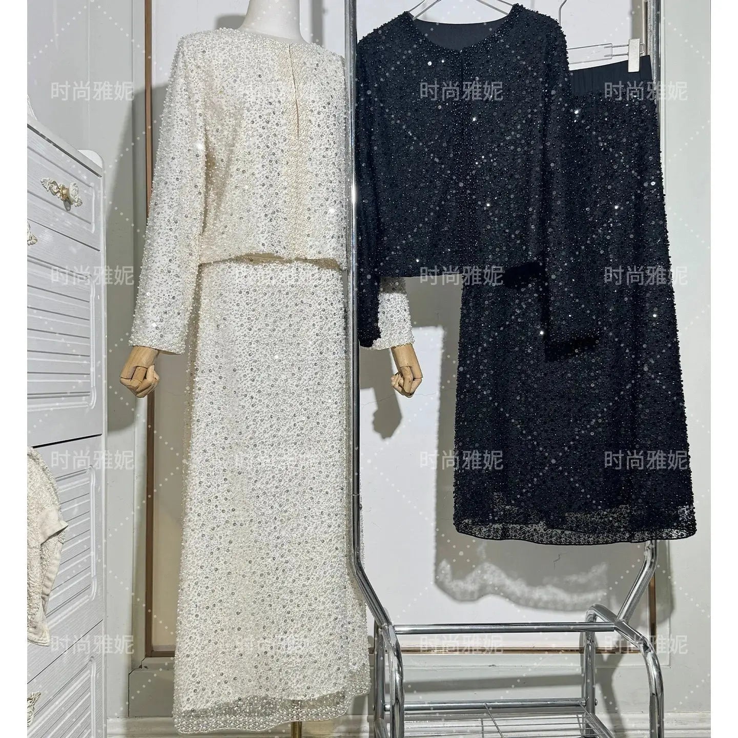 Fashion Heavy Sequin Beaded Cardigan Jacket for Women Slim Fit Bodycon Mid-Length Skirt Trendy Long Sleeve Coat Aurexia off