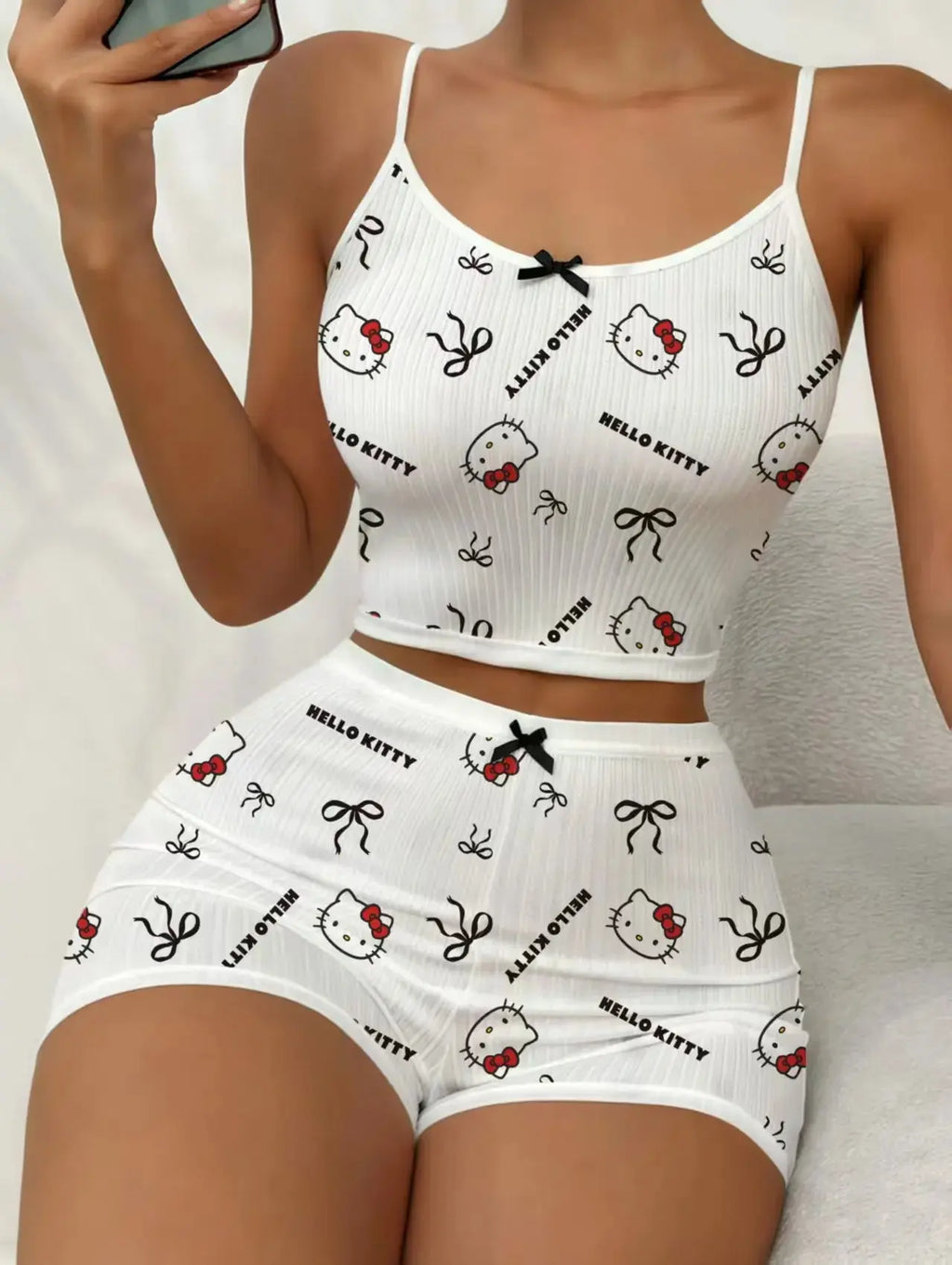 Sanrio Hello Kitty Bowknot Suspender Top Shorts Casual 2pcs Pajama Set Fashionable Thin Shoulder Strap Sexy Sleepwear Soft Pj Aurexia off