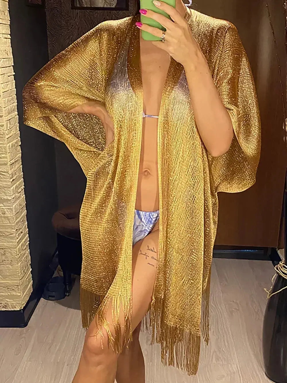 Tassel Gold Bikini Cover Up Sexy Beach Dress Tunics for Women Beachwear Summer cover-ups kaftan Evening Dress Shawls Aurexia off