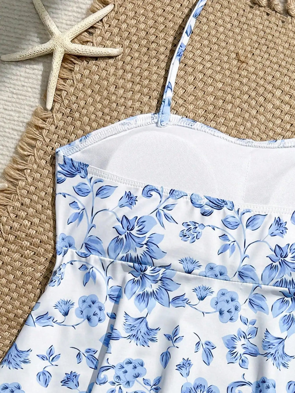 Blue Floral Tankini Set With Halter Neck And Ruffle Hem For Women Aurexia off