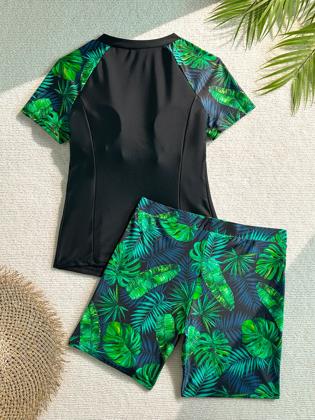 Women's Tankini Swimsuit Set, Two-Piece Swimsuit, Short-Sleeved Beach Vacation Conservative Slim-Fit Tropical Plant Print Boxer Shorts Sporty Fashion Swimwear Aurexia off