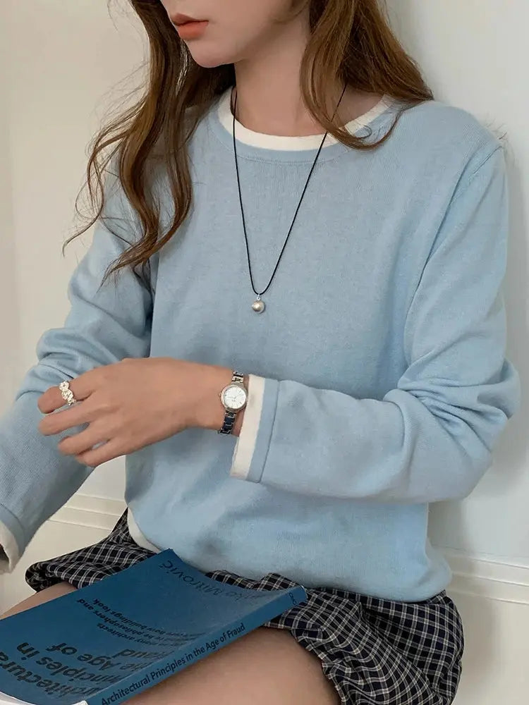 100% Cotton Women O-neck Color blocking long sleeved shirt plus size clearance sale luxury brands high quality Aurexia off