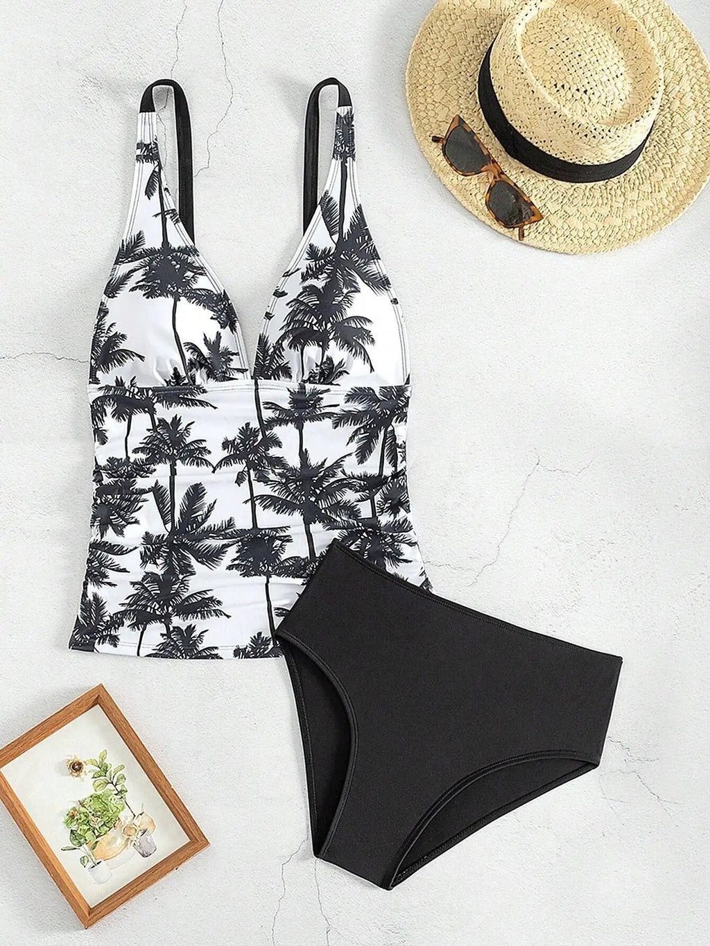 2 Piece Tankini Swimsuit Set Palm Print High Waisted Bikini Beach Vacation Swimwear Aurexia off