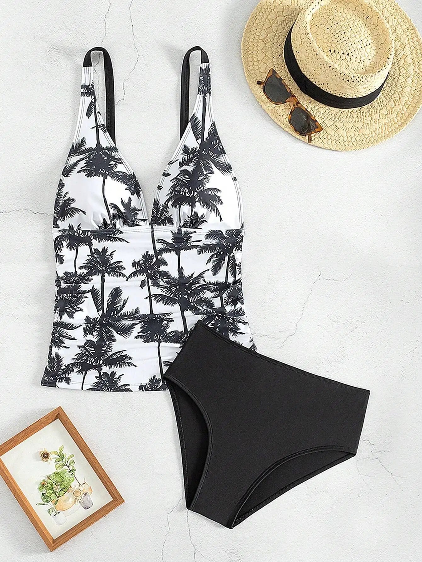 2 Piece Tankini Swimsuit Set Palm Print High Waisted Bikini Beach Vacation Swimwear Aurexia off