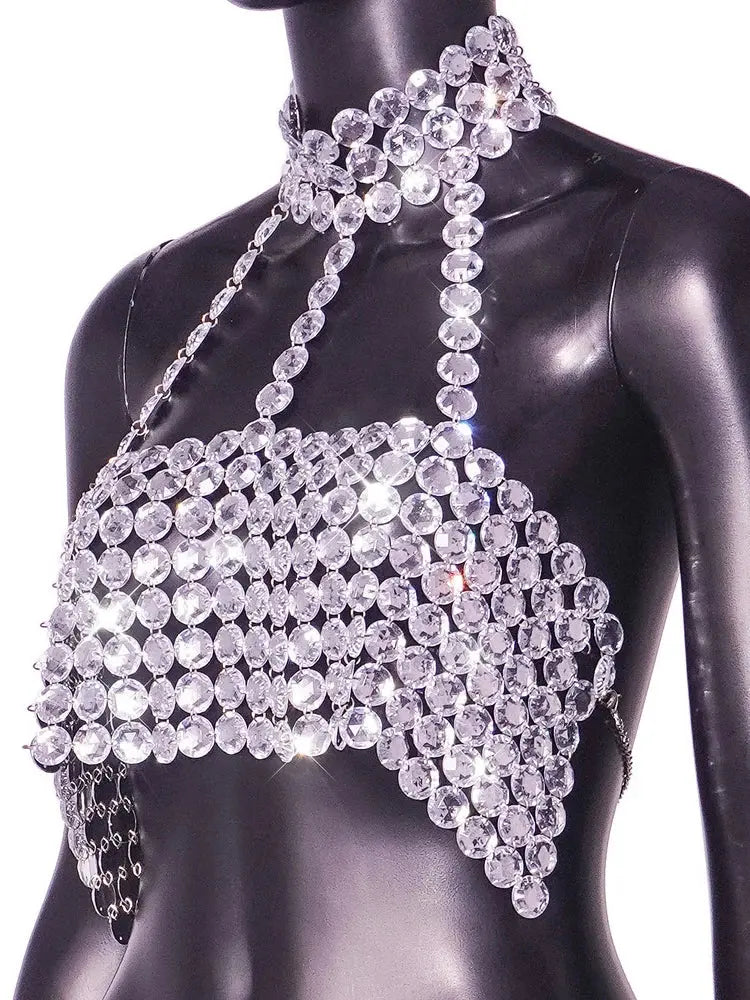 Beyprern Silver Halter Tank Top Glitter Diamonds Bustier Tops Gorgeous Backless Metal Sequin Crop Top Club Vest Festival Outfits Aurexia off