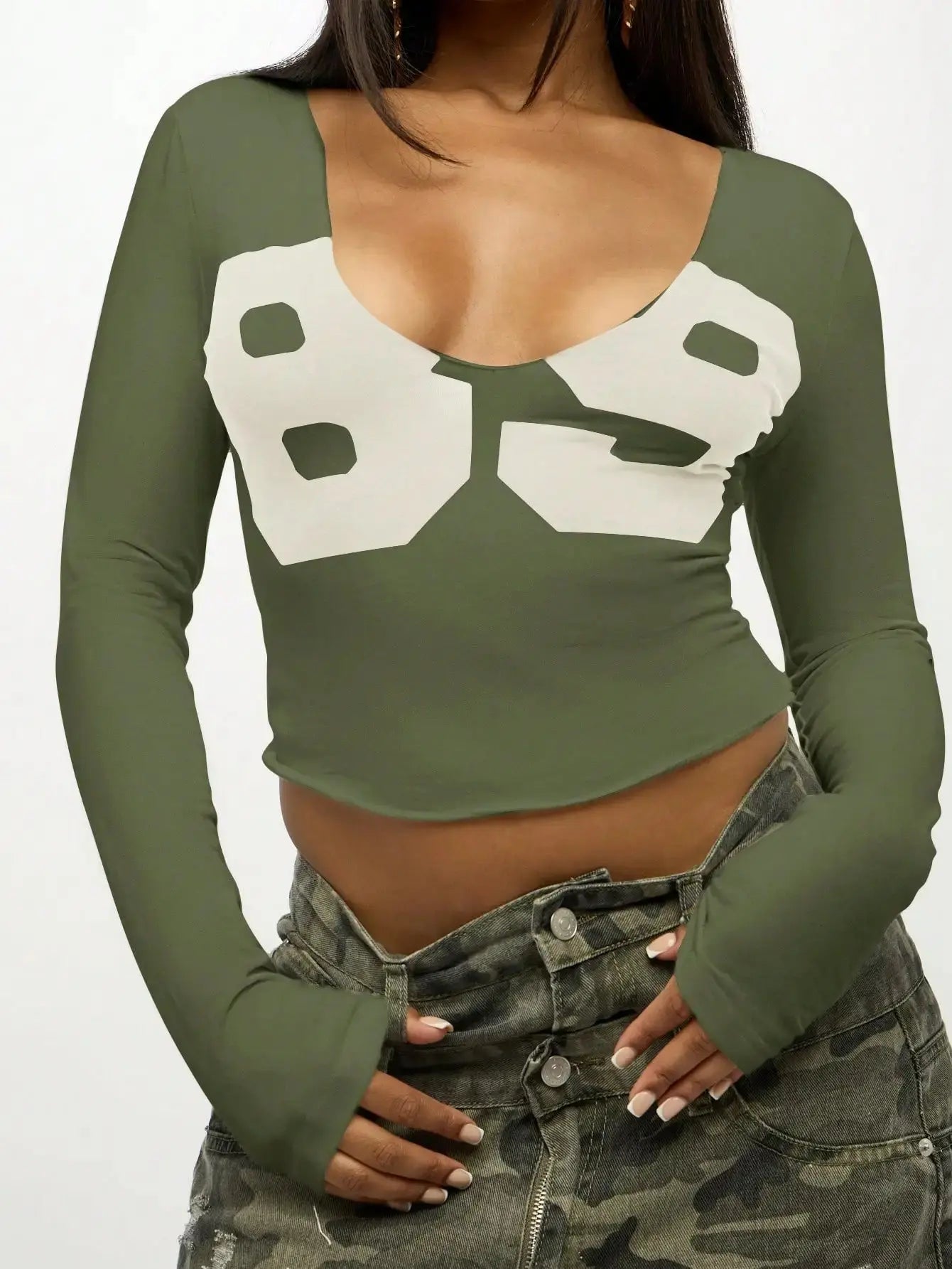 Women Long Sleeve Crop Top Graphic Print V Neck Fitted Cotton Casual Tee Aurexia off