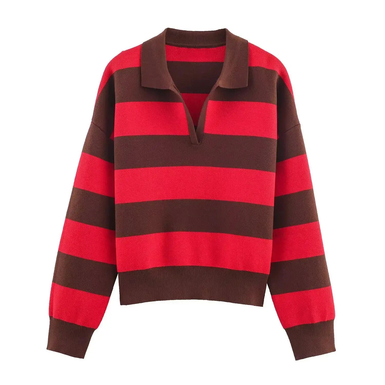 2026 Autumn New Women's Loose Long Sleeve Sweater Solid Color & Bold Stripe Lapel Top Street Fashion Long Sleeve Pullover Aurexia off
