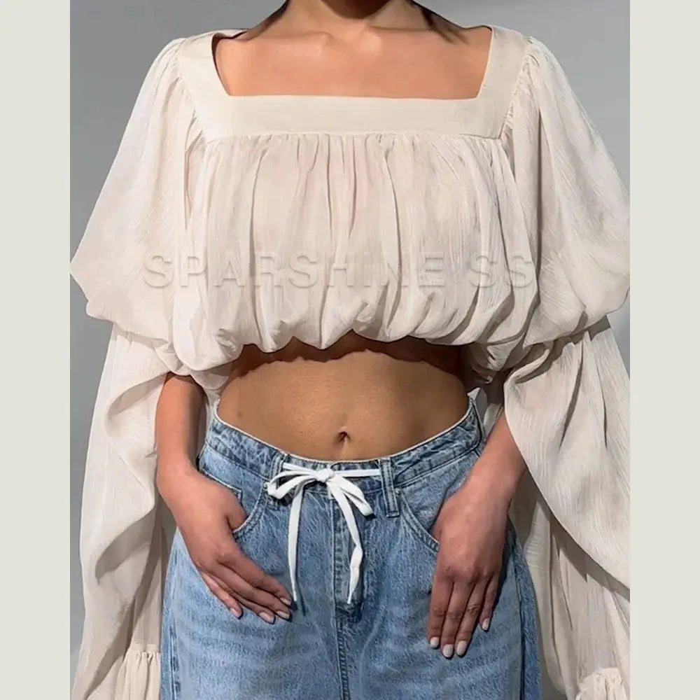 Women Chiffon Crop Top, Puff Long Sleeve Blouse, Square Neck Backless Tie Sheer Shirt for Party Nightclub Aurexia off
