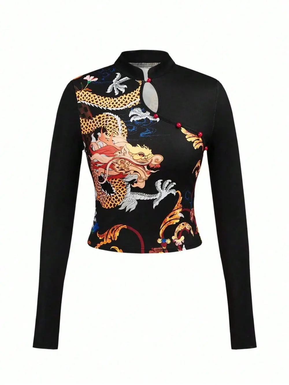 2026 New Chinese Y2K Dragon Pattern Printed Cheongsam Collar Long Sleeve Top Fashionable Street Trend Personalized Spicy Girl Aurexia off