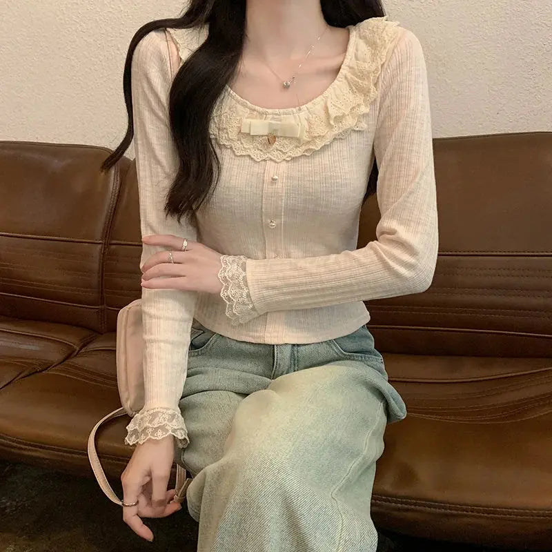 Women's 2026 Spring Autumn New Sweet Cute Lace Thin Short Slim Fit Crew Neck Long Sleeve T Shirt Base Top Aurexia off