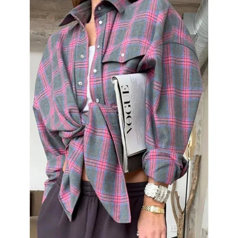 Women's Pink & Grey Plaid Flannel Shirt Button Down, Long Sleeve, Casual Streetwear Blouse for Layering Aurexia off