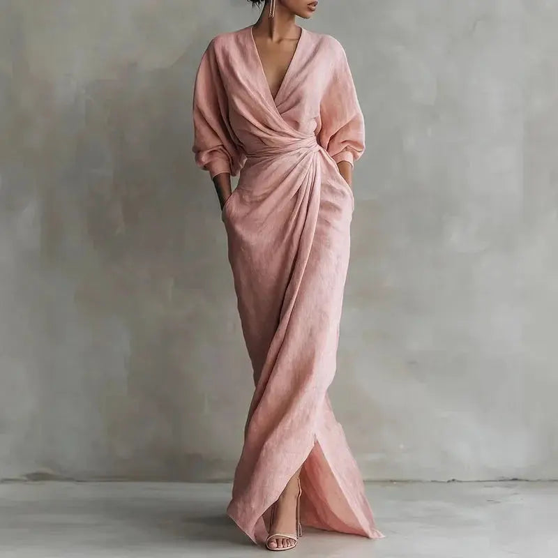 Women's Sexy V Neck Wrap Waist Long Dresses 2026 Spring Casual Solid Slim Bodycon Hips Dress Elegant Long Sleeve Slit Maxi Dress Aurexia off