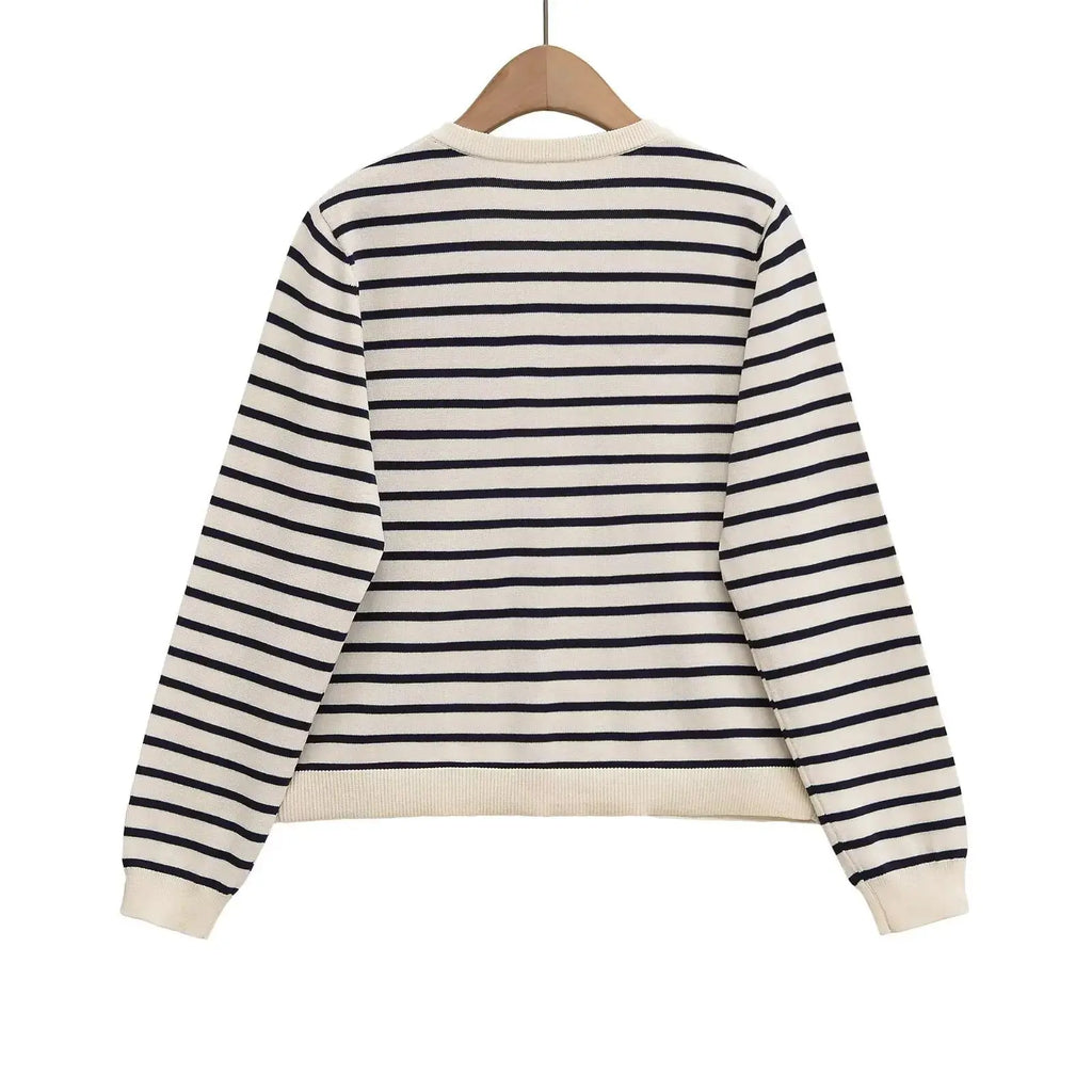 Withered 2026 Fashion New Product Striped Knitted Cardigan Versatile Round Neck Buckle Long Sleeve Coat Aurexia off