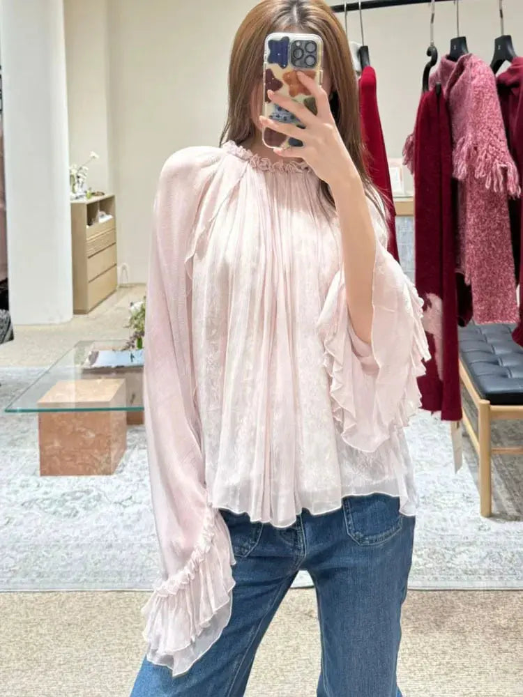 Lace ruffled loose top, stylish and high-end, versatile pink tops for women in 2026 summer collection Aurexia off