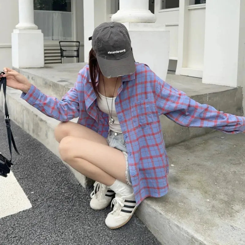 Korean-style Women's Pure Cotton Spring Long-sleeve Plaid Shirt Trendy Fashion Loose Casual College-style Shirt Aurexia off