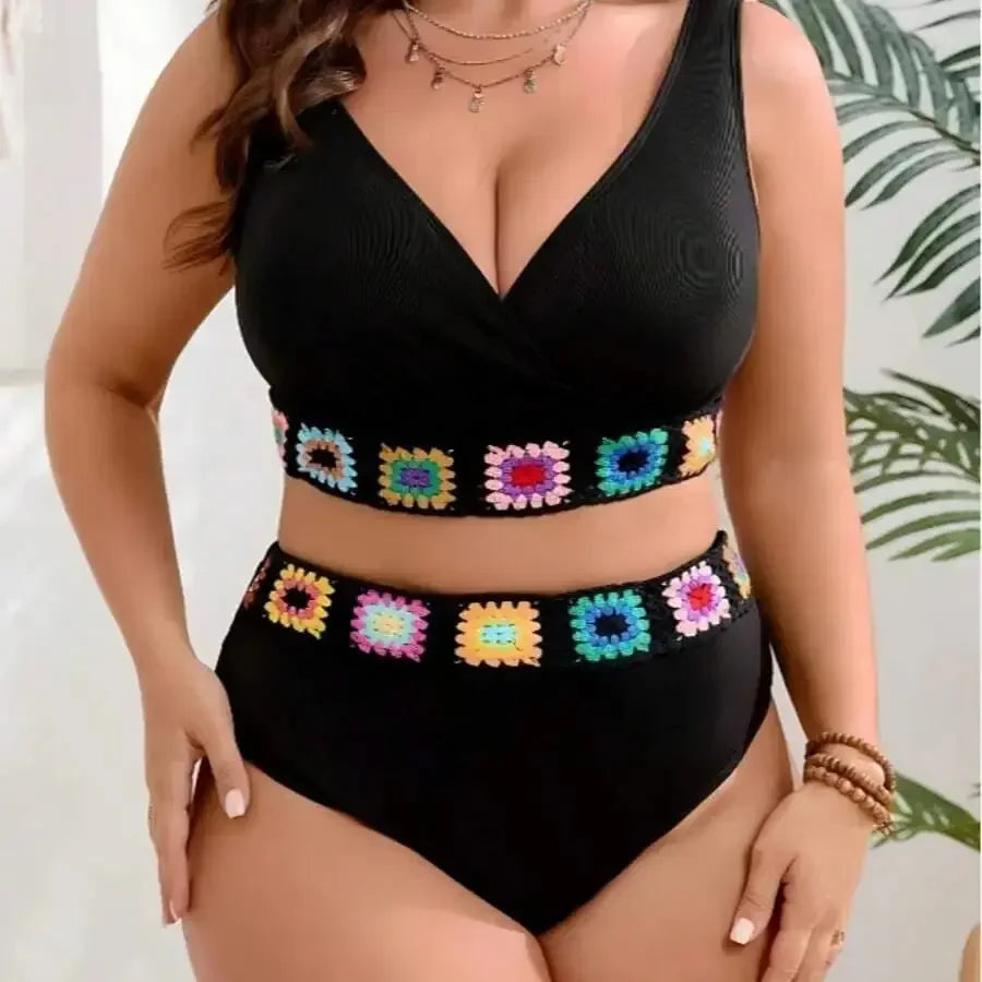 Plus Size V Neck Floral High Waisted Bikini Set Medium Stretch Fabric Aurexia off