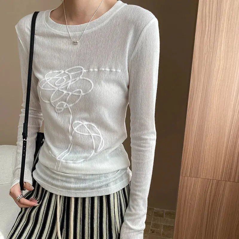 Women T-shirt Round Neck Three-dimensional Printed Pattern Slightly Transparent Solid Color Simple Versatile Long Sleeved Top Aurexia off