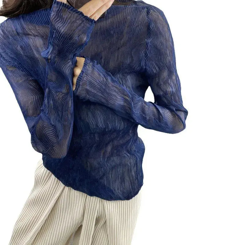 Black Pullover Blouse Slim Fit Turtleneck Long Sleeve Blouse Ruffle Pleated Fabric Fitted Blouse Half Turtleneck Sheer Blouse Aurexia off