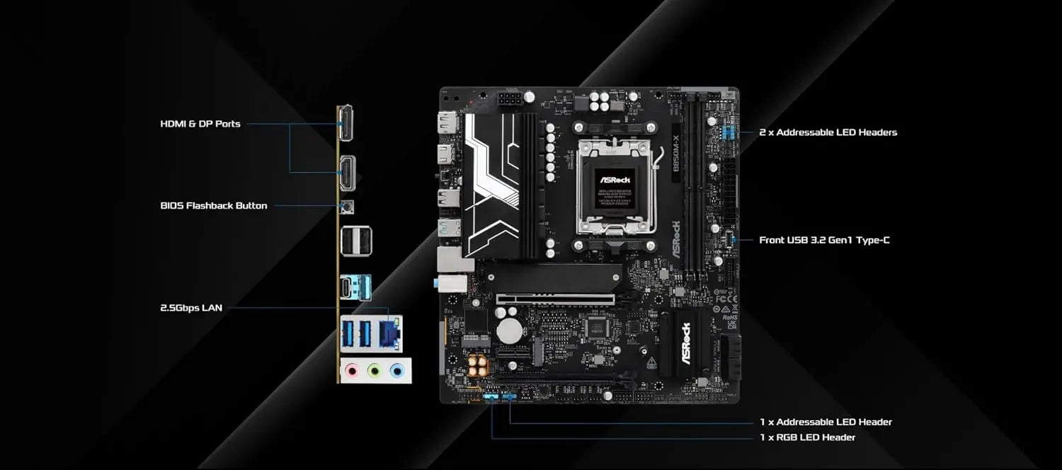 Micro-ATX AM5 Motherboard for AMD Ryzen 9000/8000/7000, DDR5 8200+ OC, PCIe 5.0, 2.5G LAN, BIOS Flashback Aurexia off
