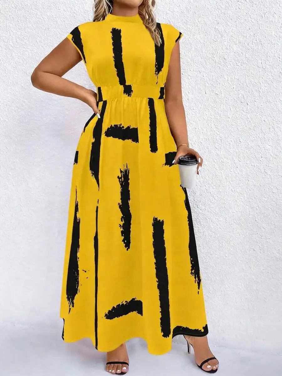 Black And Camel Abstract Print Mock Neck Maxi Dress For Women Aurexia off