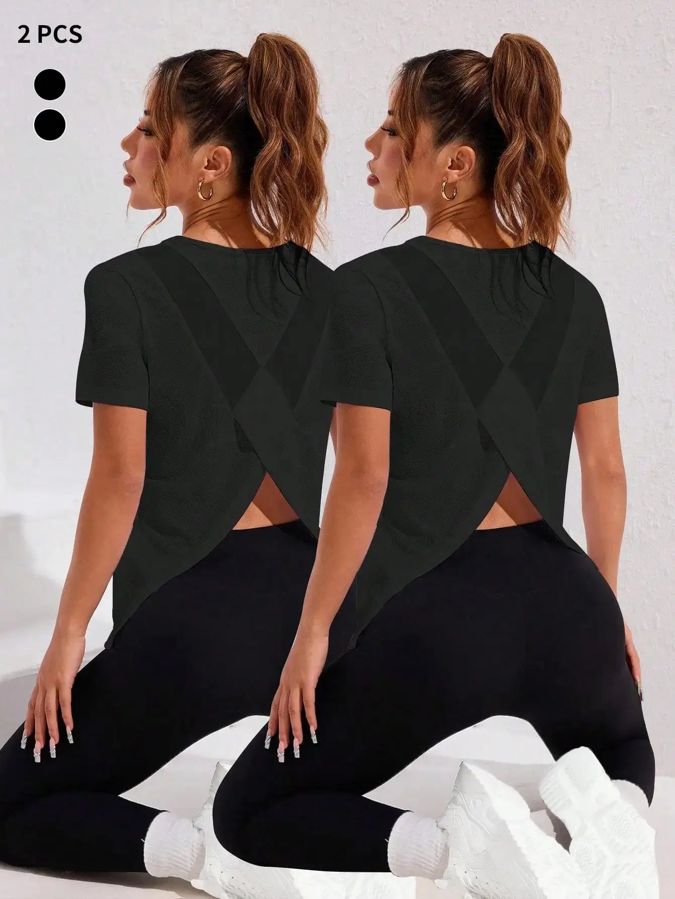 2pcs Women Sport Top With Jacquard Mesh Crossover Back Design Aurexia off