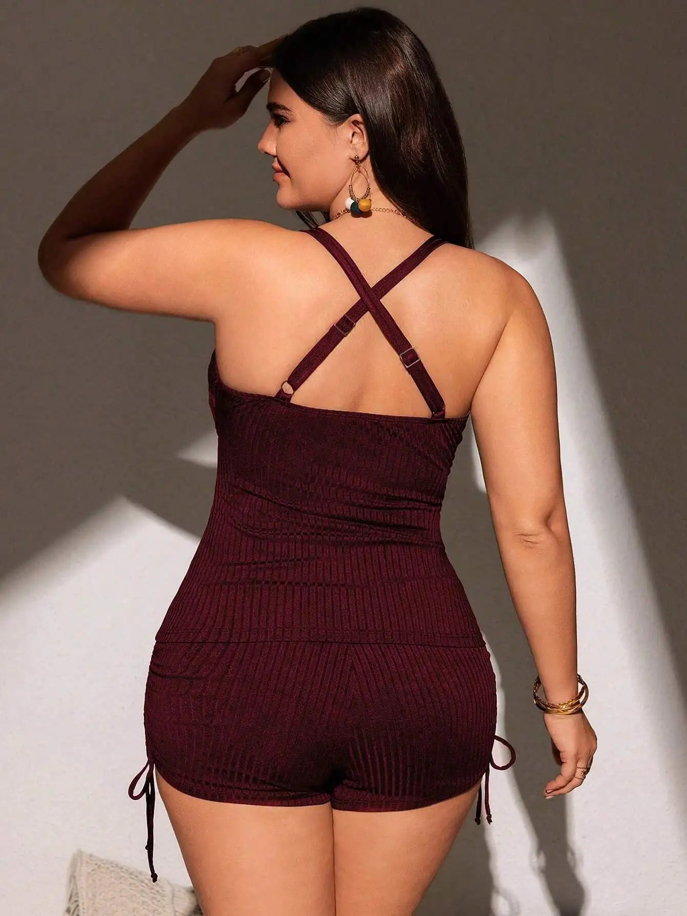 Plus Size Women Adjustable Spaghetti Strap Ribbed Knit 2 Piece Bikini Set For Beach Holiday Aurexia off