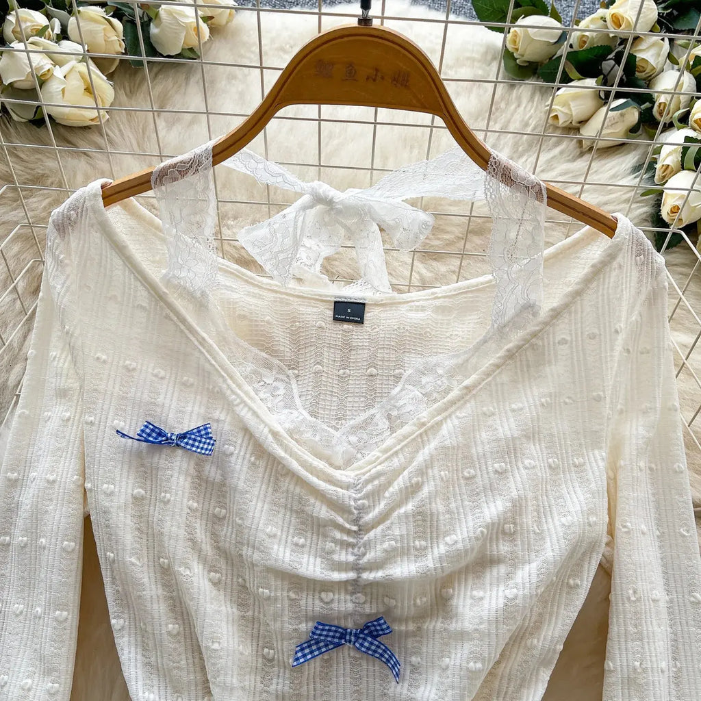 Bow Lace Splicing Long Sleeve Tops for Women 2026 Spring Korean Style Loose Lace-up Pullover Waist-cinching Fake Two-piece Tops Aurexia off