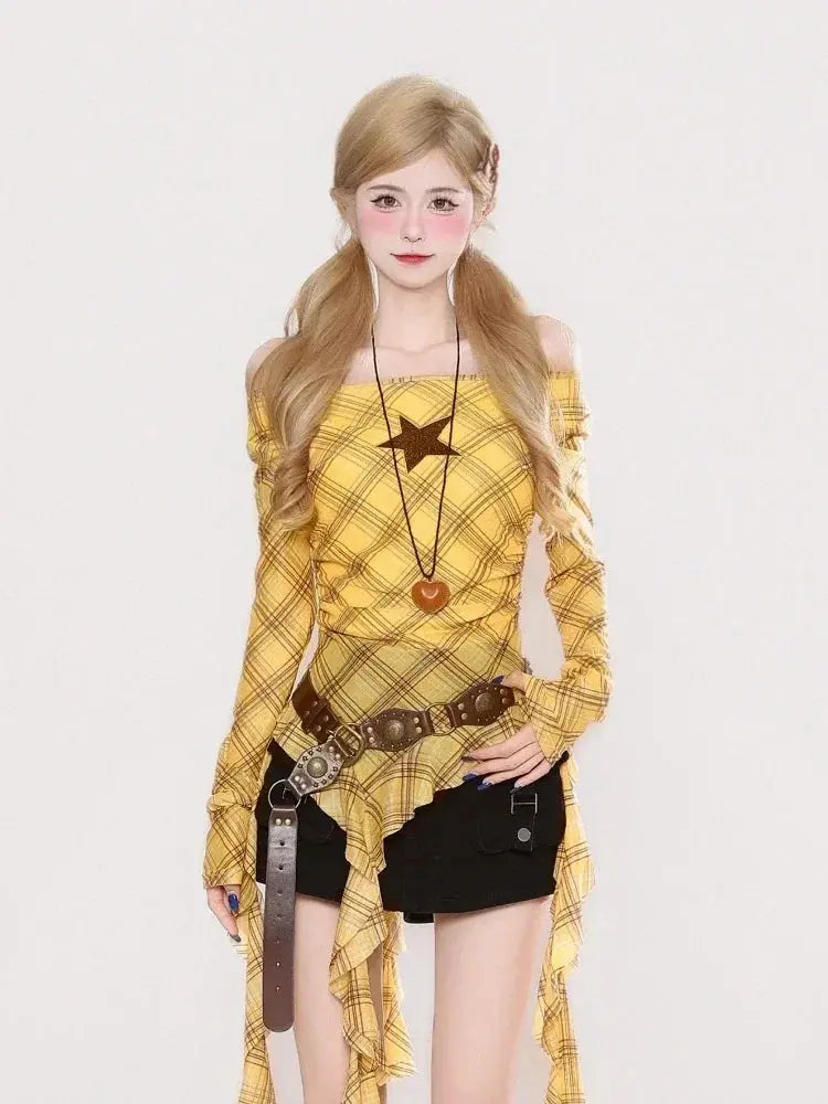 Y2K Plaid Slash Neck Vintage T-Shirt for Women, Grunge Ruffled Bodycon Top, Sexy Fairy Aesthetic Aurexia off