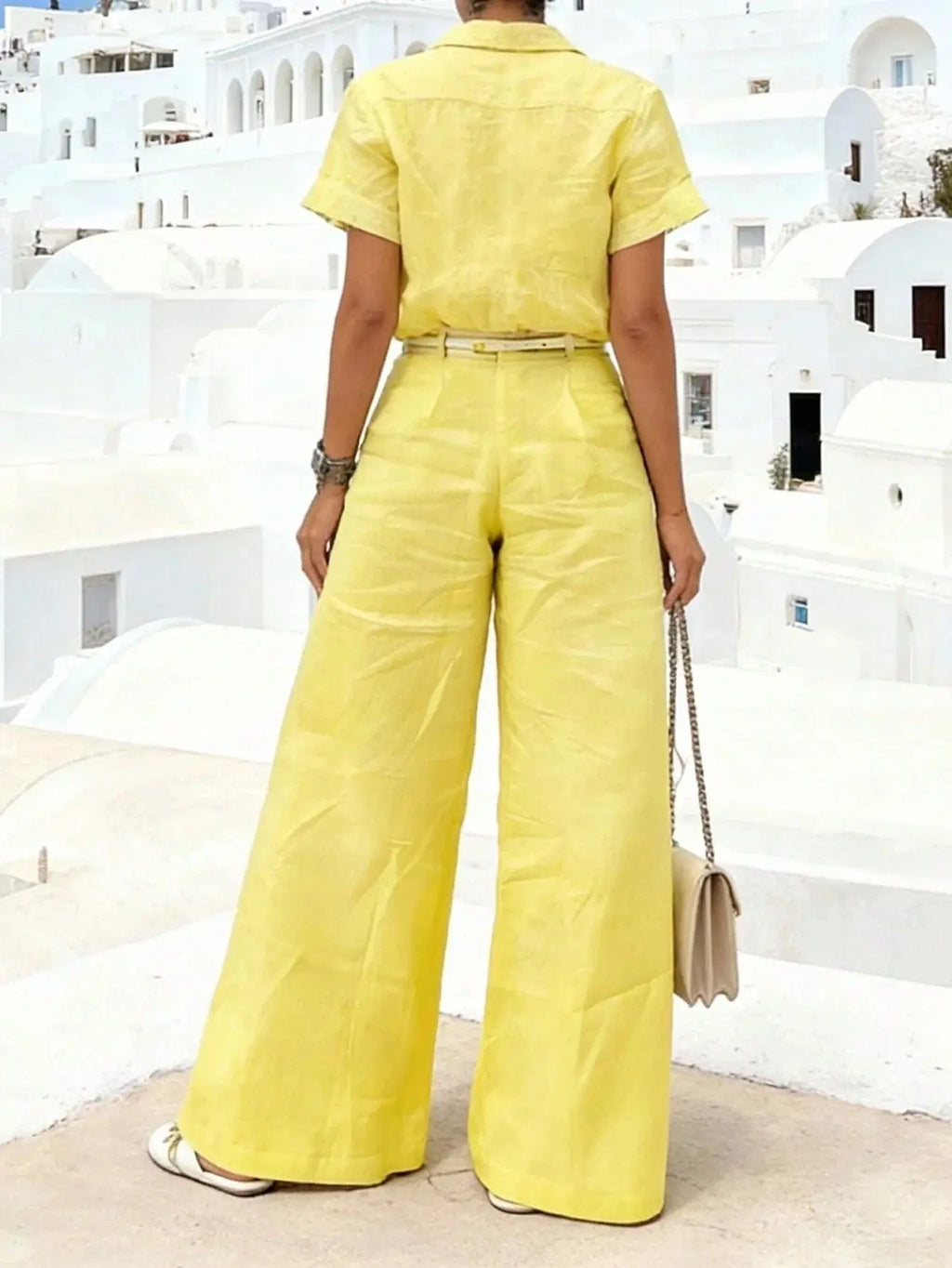 Women's Yellow Collared Short-Sleeve Two-Piece Set - Button-Front Wide-Leg Pants With Belt For Coastal Vacation Aurexia off