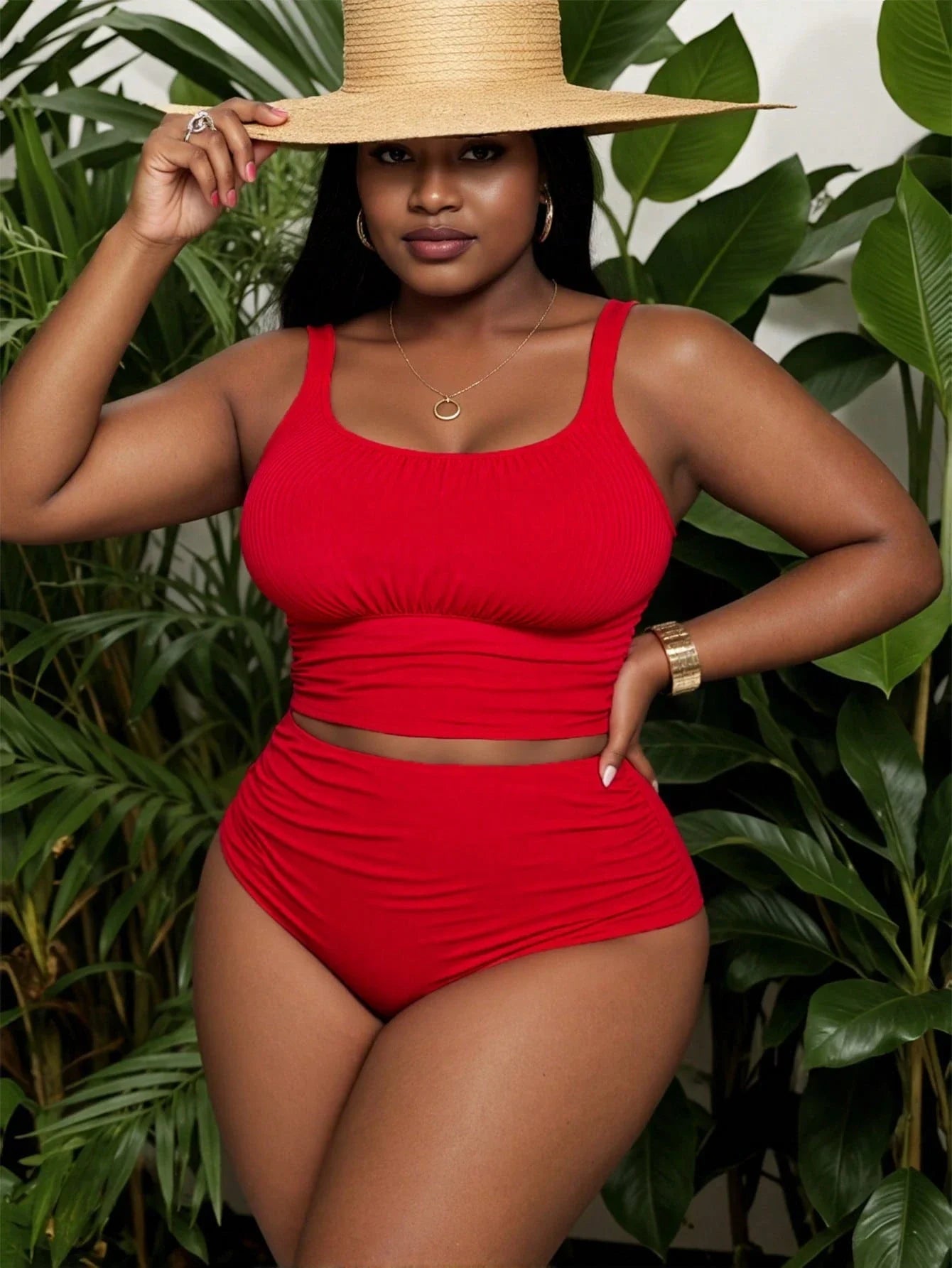 Red Solid Color Plus Size Tankini Set For Women Summer Beach Swimwear Aurexia off