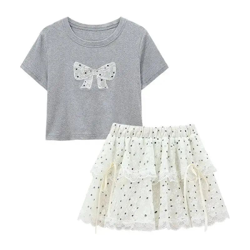 Womens Suit Fashion 2 Piece Set Short Sleeve T Shirt And High Waist Cake Skirt Lace Polka Dot Women Summer Bow Grey Casual Sweet Aurexia off