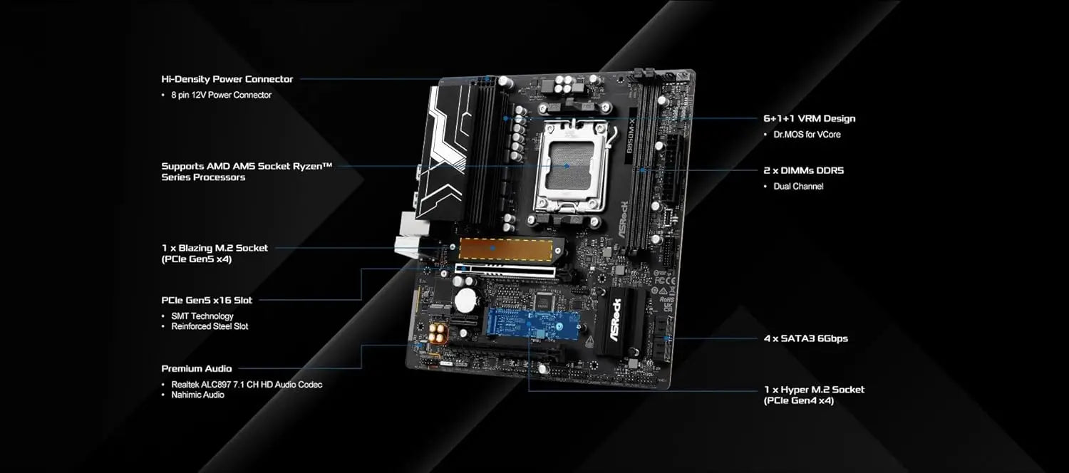 Micro-ATX AM5 Motherboard for AMD Ryzen 9000/8000/7000, DDR5 8200+ OC, PCIe 5.0, 2.5G LAN, BIOS Flashback Aurexia off