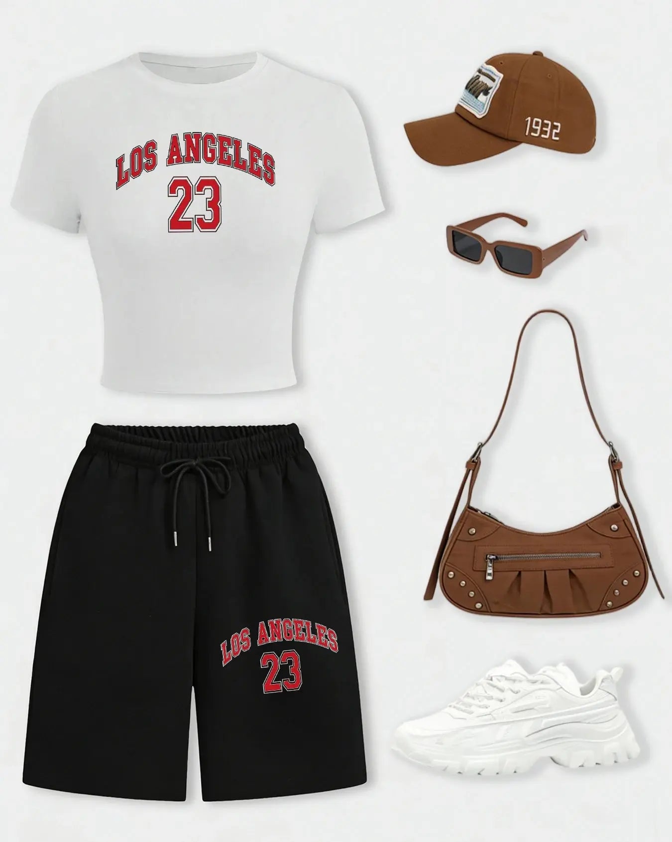 Los Angeles 24 Creative Letter Print T-Shirt Set Women Summer Cotton Crop T Shirt Wide-Leg Shorts Drawstring Pocket Gym Pant Aurexia off
