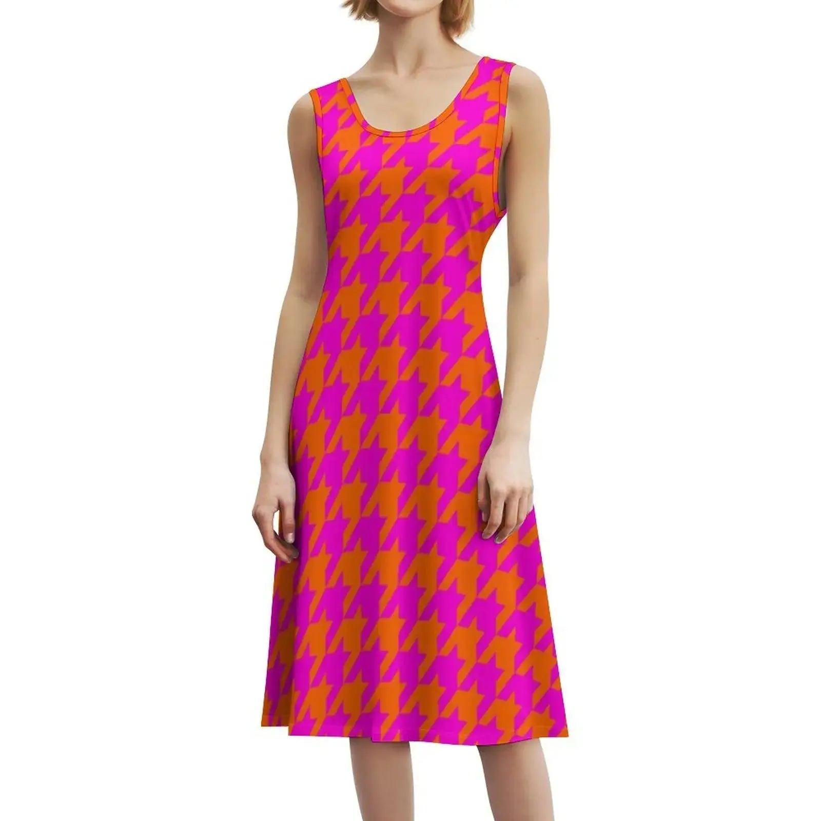 Pink & Orange Houndstooth Preppy Style Mini Dress For Women A-Line Loose Fit Casual Day Dress Large Houndstooth Dogstooth Pink Aurexia off