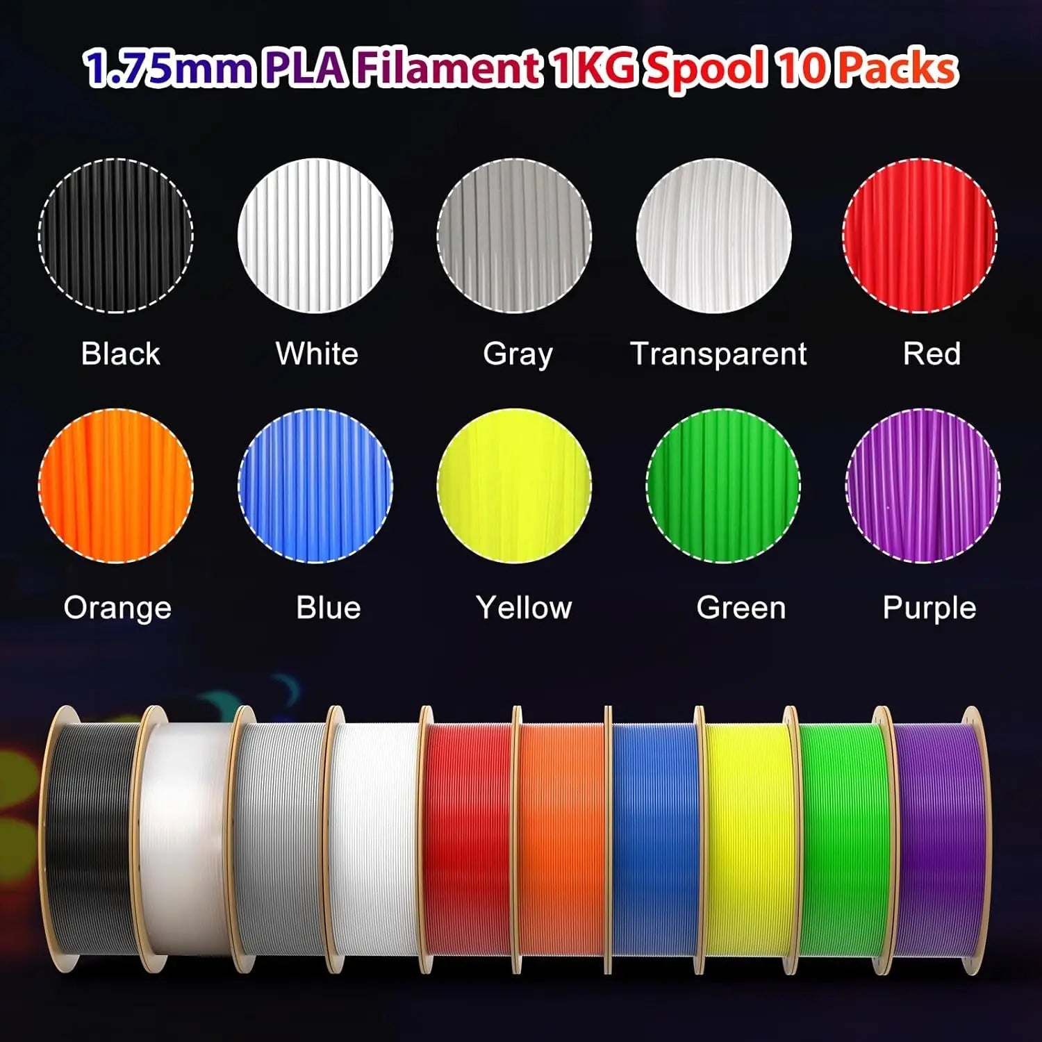 10KG 3D Printer Filament Bundle, 1.75mm No Tangle, 10 Colors Including Black, White, Grey Aurexia off