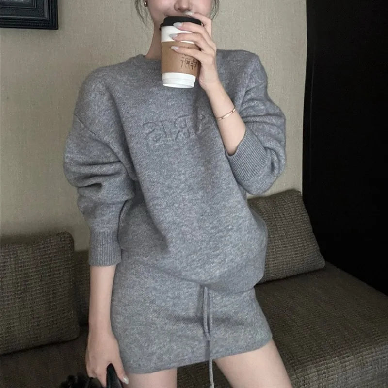 Casual Two-Piece Set Letter Embossed Pullover Outfit Long Sleeve Knit Skirt Set Mini Bodycon Wool Co-Ord For Women Cozy Warm Aurexia off