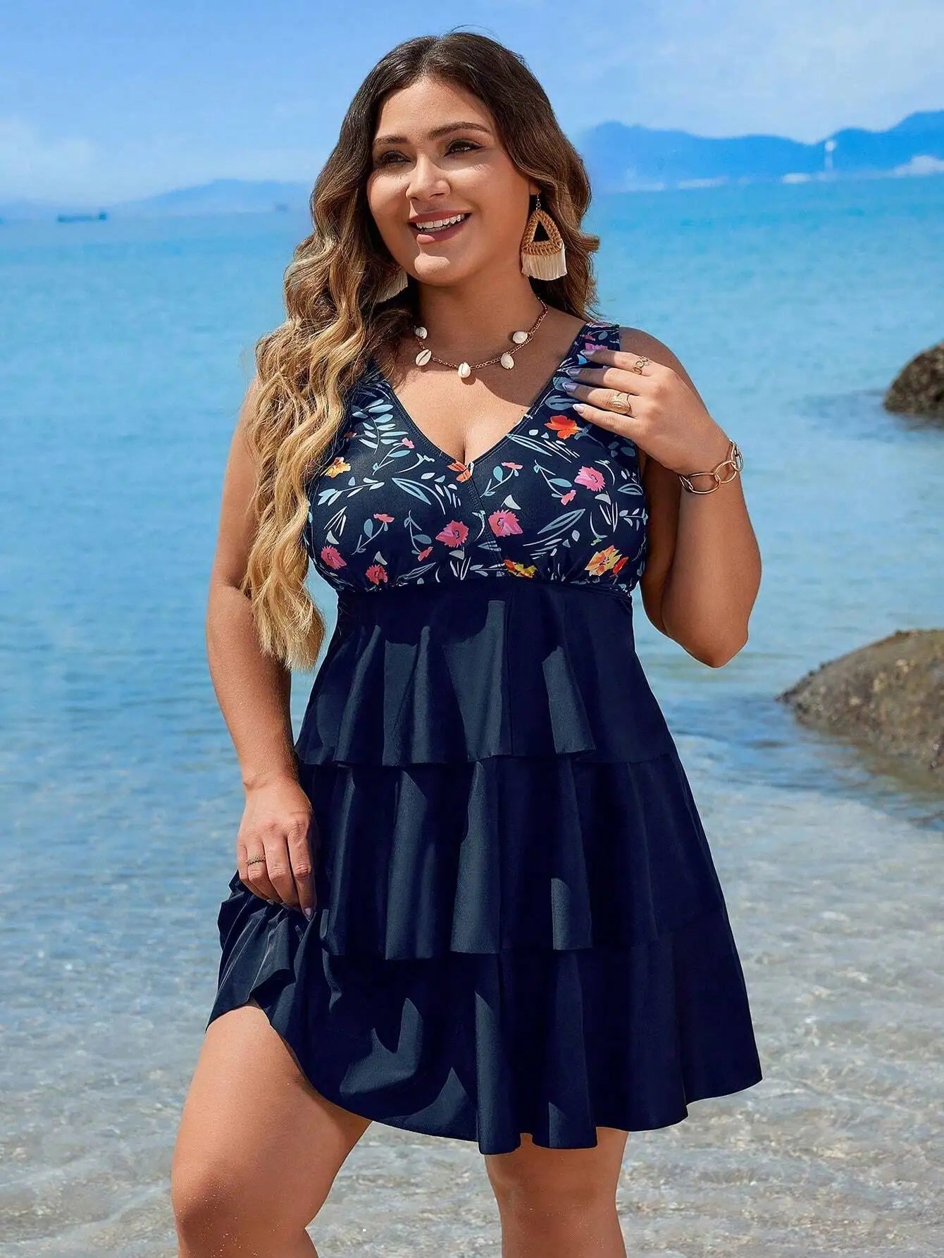 Plus Size Women Floral Print Sleeveless Tankini Swimsuit For Beach Vacation Aurexia off