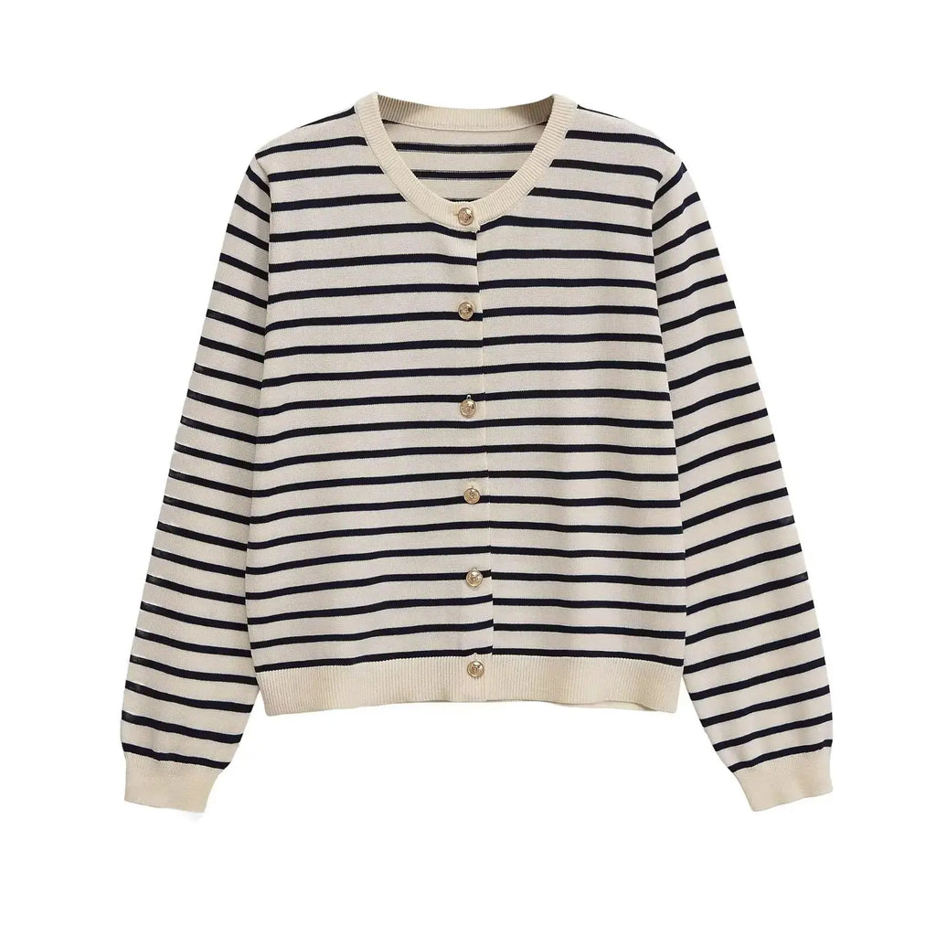 Withered 2026 Fashion New Product Striped Knitted Cardigan Versatile Round Neck Buckle Long Sleeve Coat Aurexia off