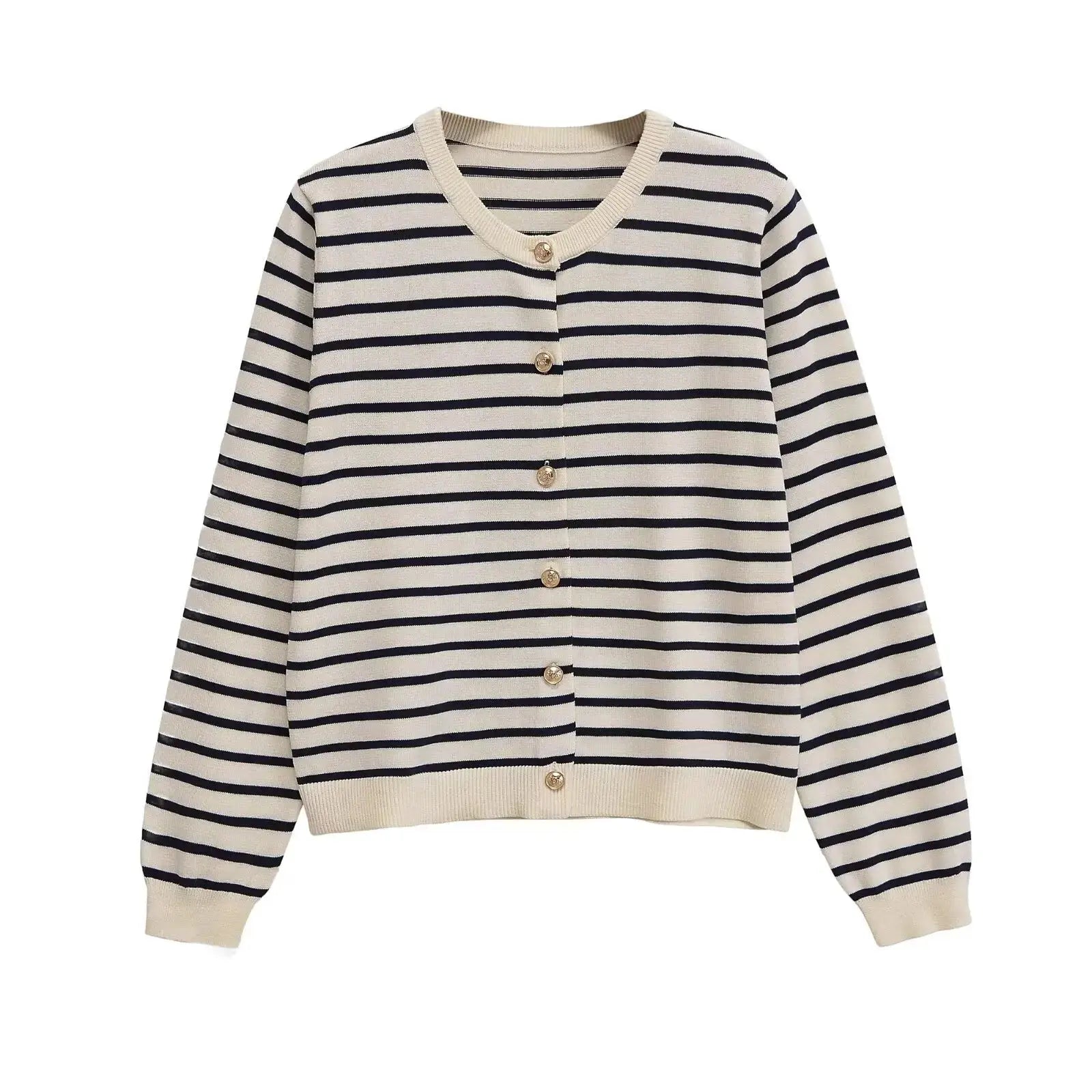 Withered 2026 Fashion New Product Striped Knitted Cardigan Versatile Round Neck Buckle Long Sleeve Coat Aurexia off