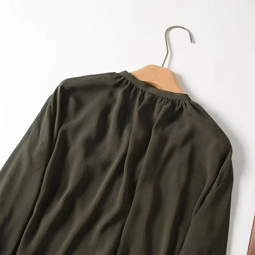 2025 French Style Women's Shirts Dark Green Loose Long Sleeve Top with Bow Tie Autumn Tops Aurexia off
