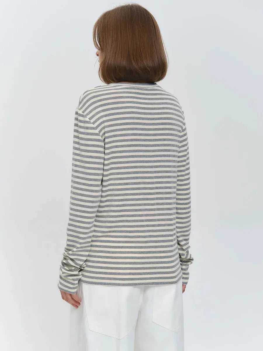 Bornladies Autumn New Fashion Women Cotton Striped Long Sleeve T Shirt Office Casual Simple Round Neck Pullover Tops & Tees Aurexia off