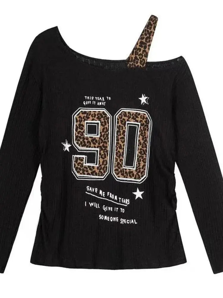 Y2K Patchwork Leopard Print T-Shirt Women Loose Streetwear Tee Grunge Casual Top Aurexia off