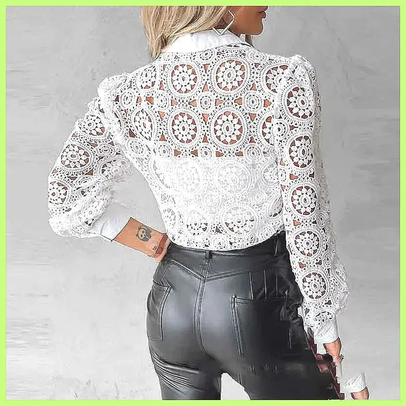 2025 Women's White Lace Shirt, Elegant Hollow Out Vintage Top Long Sleeve Blouse Aurexia off